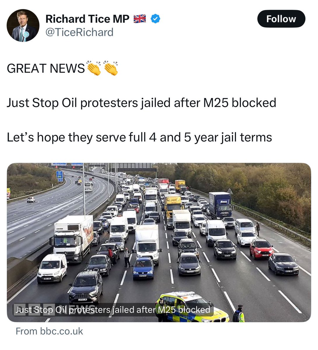 The sheer hypocrisy of <a href="/TiceRichard/">Richard Tice MP 🇬🇧</a> Jail those trying to save the planet.
 Support the tax dodgers and land owners 🤣🤣🤣 and take huge donations from fossil fuel companies and Oligarch tax dodgers
