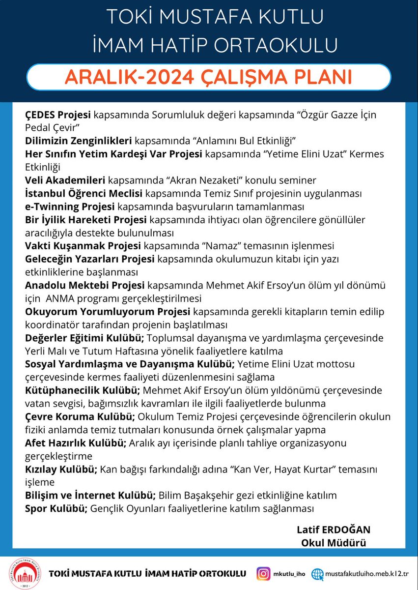 LATİF ERDOGAN (@latiferdogan46) on Twitter photo Türkiye Yüzyılı Maarif Modeli kapsamında, öğrencilerin bütüncül gelişimlerinin desteklenmesi amacıyla "sosyal sorumluluk programı" ve "toplum hizmeti" kapsamında yürütülecek Aralık ayı çalışmalarımız.
<a href="/tcmeb/">Millî Eğitim Bakanlığı</a> <a href="/Yusuf__Tekin/">Yusuf Tekin</a> <a href="/meb_dinogretimi/">MEB Din Öğretimi Genel Müdürlüğü</a> <a href="/istanbulilmem/">İstanbul İl Millî Eğitim Müdürlüğü</a> <a href="/ahmettyapici/">Ahmet YAPICI</a> Türkiye Yüzyılı Maarif Modeli kapsamında, öğrencilerin bütüncül gelişimlerinin desteklenmesi amacıyla "sosyal sorumluluk programı" ve "toplum hizmeti" kapsamında yürütülecek Aralık ayı çalışmalarımız.
<a href="/tcmeb/">Millî Eğitim Bakanlığı</a> <a href="/Yusuf__Tekin/">Yusuf Tekin</a> <a href="/meb_dinogretimi/">MEB Din Öğretimi Genel Müdürlüğü</a> <a href="/istanbulilmem/">İstanbul İl Millî Eğitim Müdürlüğü</a> <a href="/ahmettyapici/">Ahmet YAPICI</a>