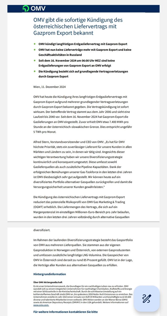 +++ OMV kündigt Gaslieferverträge mit Gazprom +++ Mit sofortiger Wirkung +++ Wegen grundlegender Vertragsverletzungen +++ Pressemitteilung