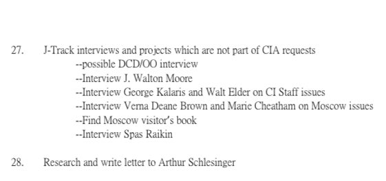 timfattig's tweet photo. Another question for the National Archives: What do they have on former Dallas CIA chief James Walton Moore’s interaction with the ARRB? The Warren Commission didn’t talk to Moore; the HSCA did, to marginal effect. What did the ARRB find out or fail to find out? We know Moore was “on the radar,” per this 1998 ARRB memo on planned “interviews and projects.”