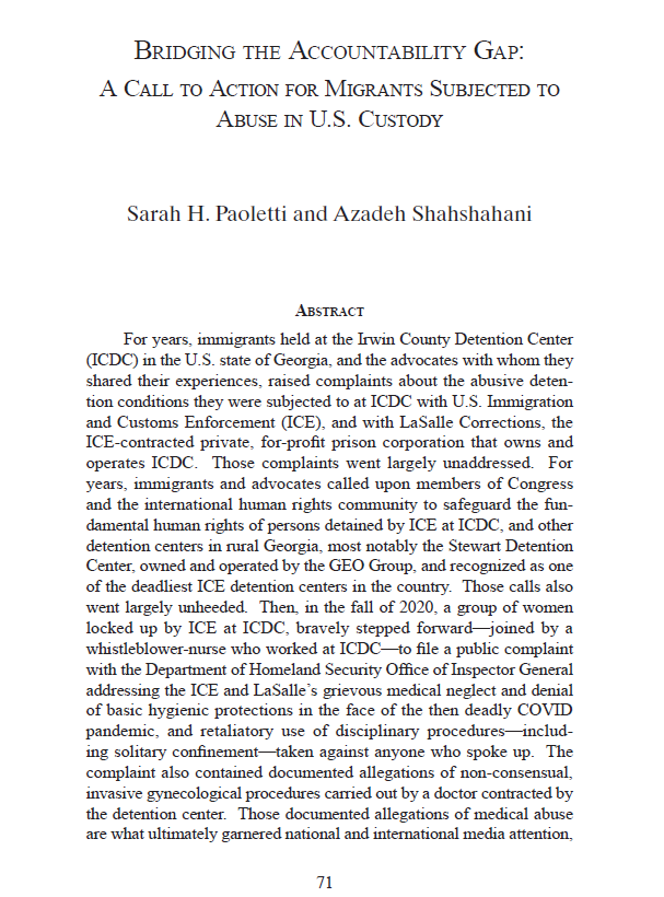ashahshahani's tweet photo. Our new law review article for the UCLA Journal of International Law and Foreign Affairs! On seeking accountability using the international human rights mechanisms for abuses inflicted on migrants in U.S. custody. 

With Professor Sarah Paoletti @pennlaw
https://t.co/NZ6ayLCSK5 https://t.co/PaVaPY3Ujh
