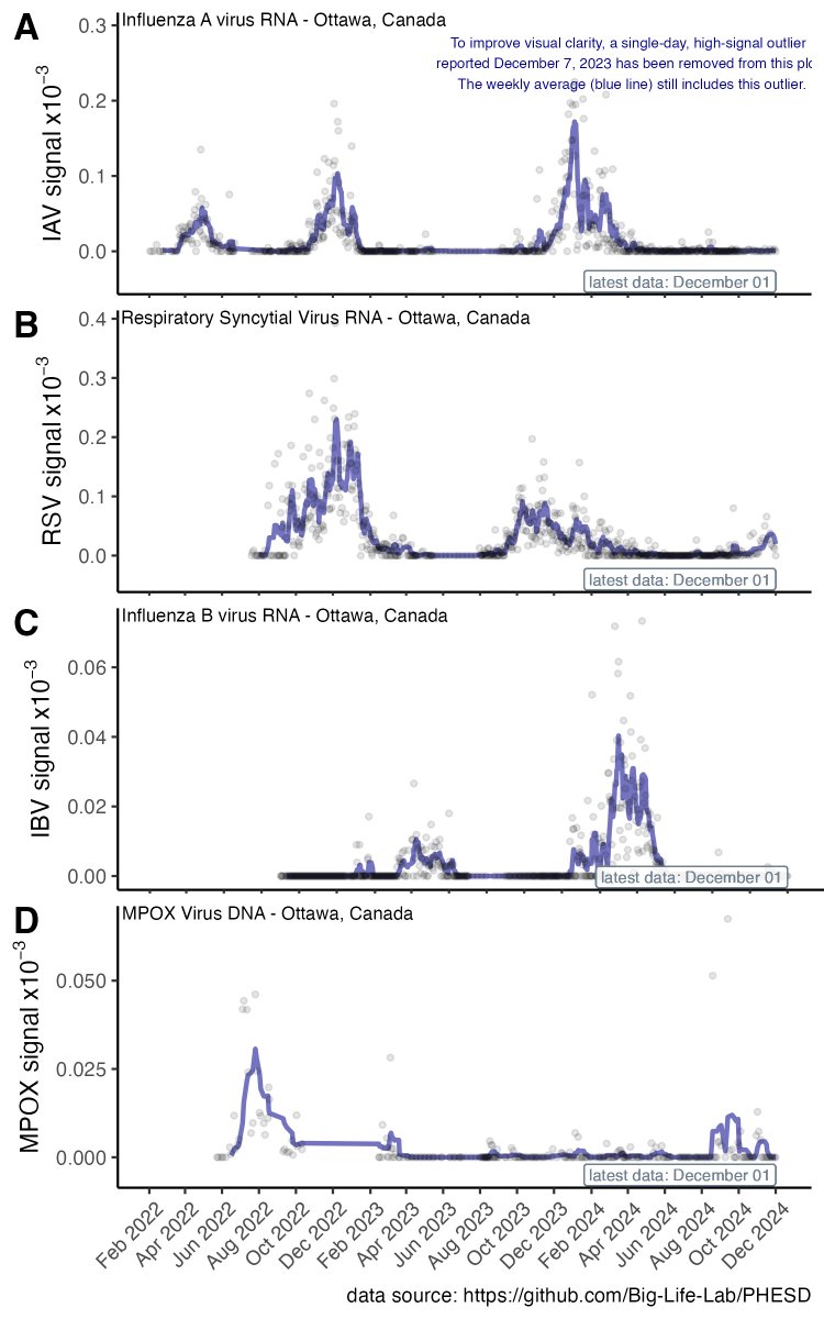 #Ottawa virus wastewater trends as of: December 01. Polyline = 7 day average normalized signal.