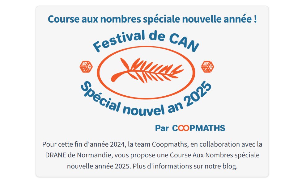 VPantaloni's tweet photo. Classe ! @CoopMaths_fr propose une "Course Aux Nombres" #CAN spéciale nouvelle année 2025 pour tous les niveaux CM2 ➡Term.

Allez, un échauffement : 
45² = ?
https://t.co/kklQq4l419 https://t.co/q3pjLKAWmH