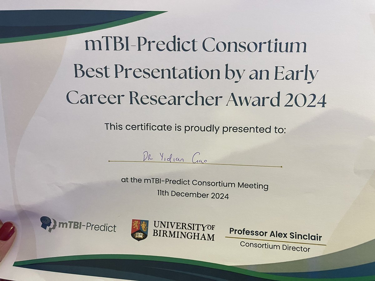 gao_yidian's tweet image. Honored to present the preliminary results of the mTBI-Predict MRI data today and thrilled to receive the Best Presentation by an Early Career Researcher Award! 🥳Huge thanks to @daviniaferes, Karen, Andy, @martinw3141, Ruwan, Iman, and everyone involved in this incredible…