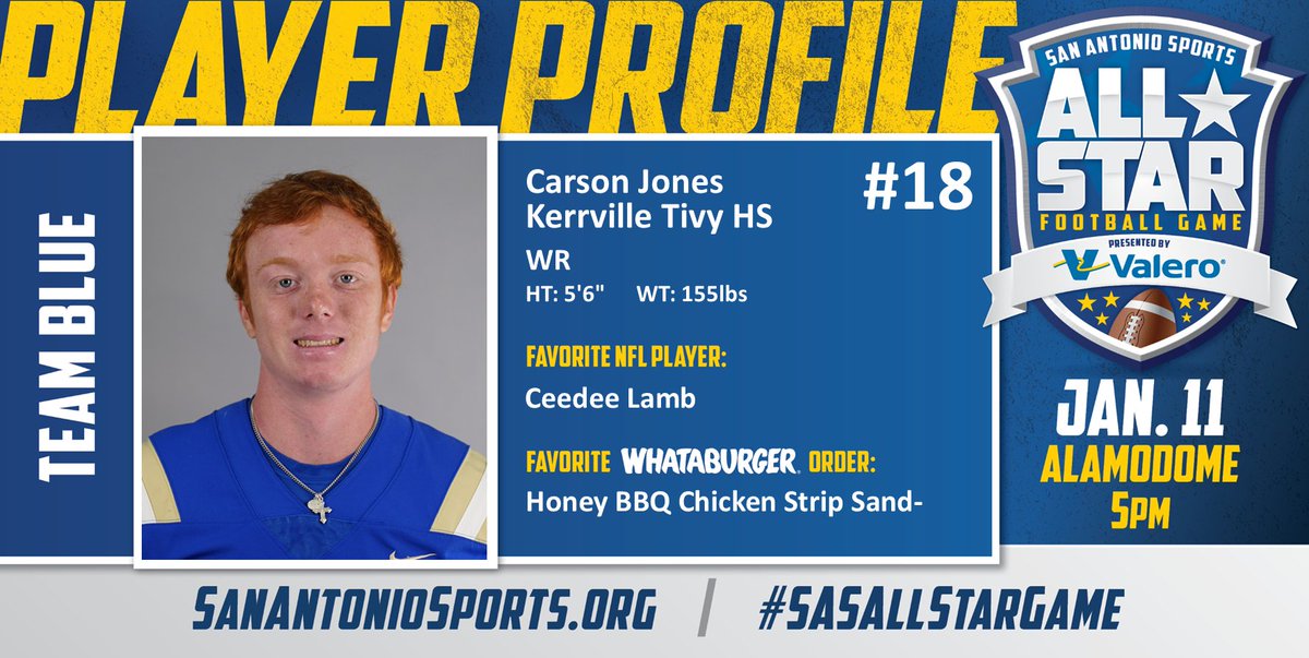 Meet <a href="/CarsonJones06/">Carson Jones</a> from <a href="/TIVYHS/">Tivy HS</a>  who will compete in the San Antonio Sports All-Star Football Game pres. by <a href="/ValeroEnergy/">Valero</a> at the Alamodome on Jan. 11! #SASAllStarGame <a href="/Whataburger/">Whataburger®</a> 
<a href="/_CeeDeeThree/">CeeDee Lamb</a> 

<a href="/TFNDFootball/">Tivy Football</a> 
<a href="/kerrvilleisd/">kerrvilleisd</a>