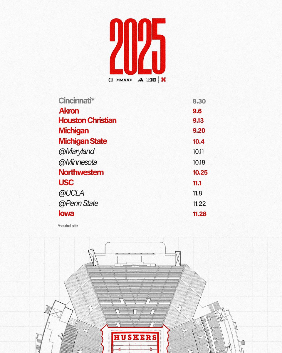 HuskerFootball's tweet photo. 🗓️ 2025 slate locked in.

🔗: https://t.co/7ToY0QTq19

#GBR x #WhatsNExt! https://t.co/03AUUQSQdd