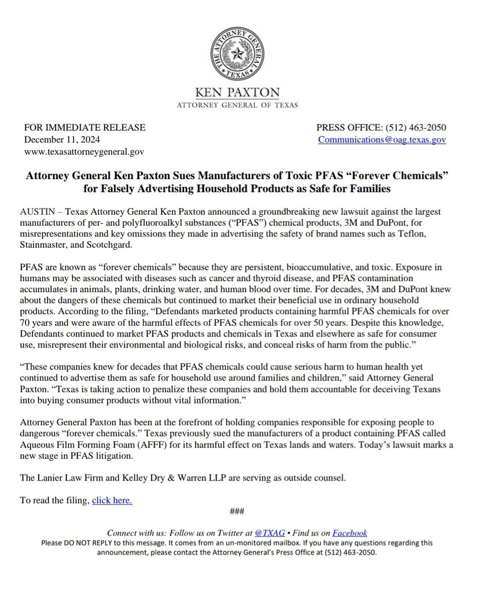 KenPaxtonTX's tweet photo. 🚨BREAKING: My Office is Suing Manufacturers of Toxic PFAS “Forever Chemicals” for Falsely Advertising Household Products as Safe for Families

These companies knew for decades that PFAS chemicals could cause serious harm to human health, yet 
continued to advertise them as safe for household use around families and children. 

Texas is taking action to penalize these companies and hold them accountable for deceiving Texans 
into buying consumer products without vital information.