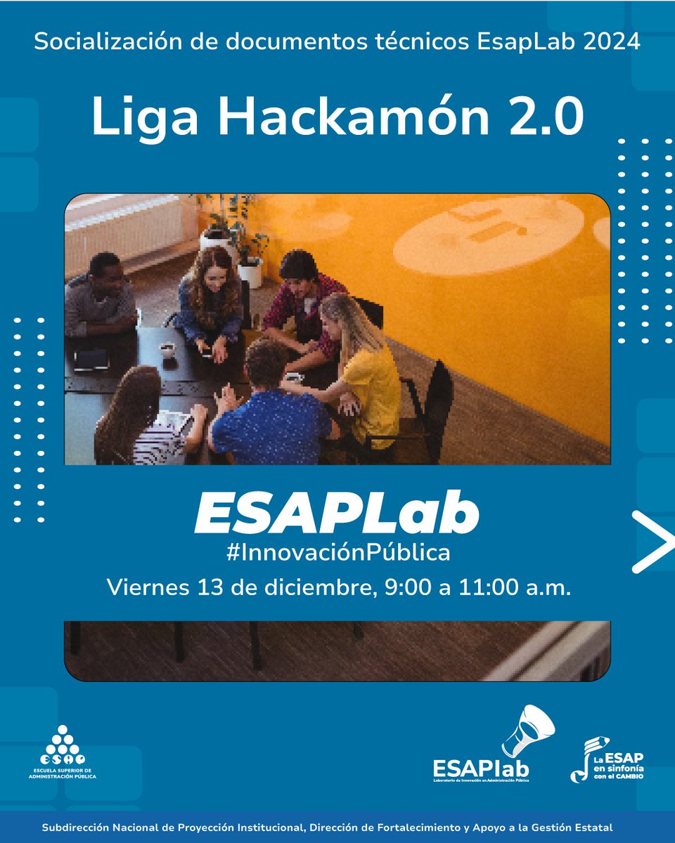 ESAPOficial's tweet photo. #ESAPLab📢 ¡Creatividad en acción! Descubre cómo la Liga Hackamón 2.0 está resolviendo retos públicos a través de la innovación y la tecnología. Acompáñanos el viernes 13 de dic. a las 9:00 a. m. en la socialización de nuestros avances: https://t.co/1CYAtUxpH8
#InnovaciónPública https://t.co/LbUYnrZdgb