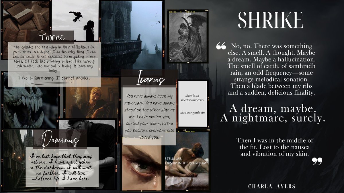 cmorganayers's tweet image. Dear #litagents,
I present my updated guide to SHRIKE. 

When a female scholar gets lost in a game of gods, she refuses to play along.

SHRIKE=HOZIER X DARK ACADEMIA   
🗡️Irish Folklore  
🗡️Fantasy + Paramoral Blend  
🗡️Witty Banter  
🗡️Destiny vs Desire
🗡️Enemies-to-Lovers