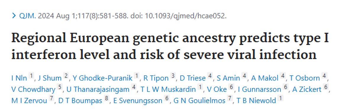 HSSProfEd's tweet photo. Experts from @HSpecialSurgery collaborated to publish "Regional European genetic ancestry predicts type I interferon level and risk of severe viral infection" in QJM. #MedTwitter 

https://t.co/8SUQkDB502 https://t.co/XdpPH3sFie
