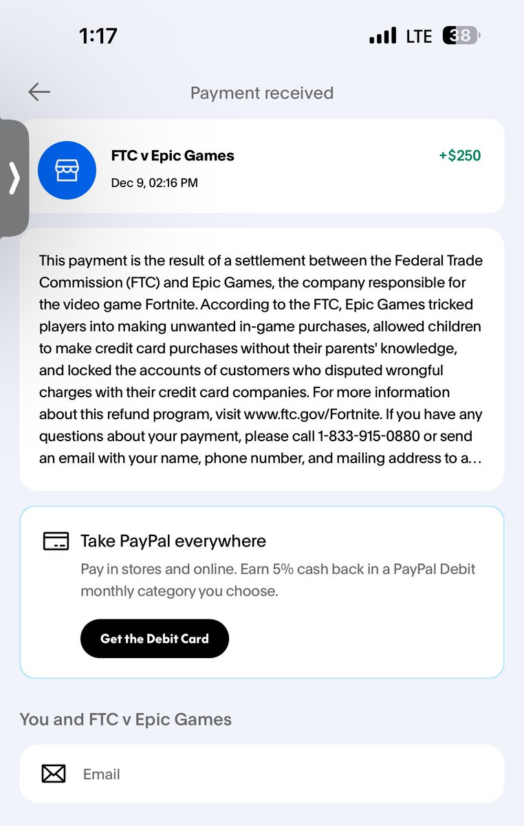 Shoutout #Fortnite. Refund from settlement came thruuu. 🤘🏽💥
