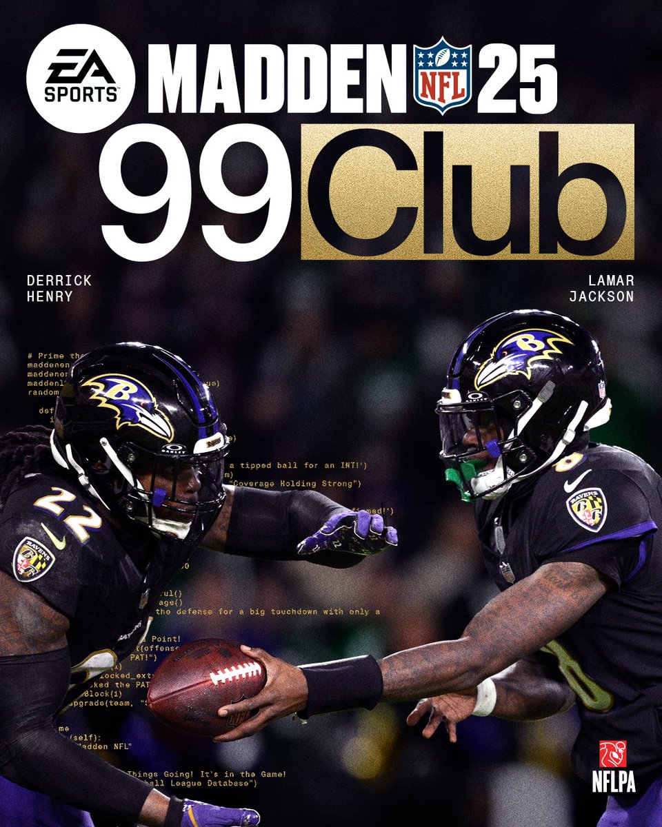 Madden NFL 25 (@eamaddennfl) on Twitter photo The first ever teammates to be added to the #99Club in-season 👑
Huge congrats to <a href="/Lj_era8/">Lamar Jackson</a> and <a href="/KingHenry_2/">Derrick Henry </a> 👏 The first ever teammates to be added to the #99Club in-season 👑
Huge congrats to <a href="/Lj_era8/">Lamar Jackson</a> and <a href="/KingHenry_2/">Derrick Henry </a> 👏