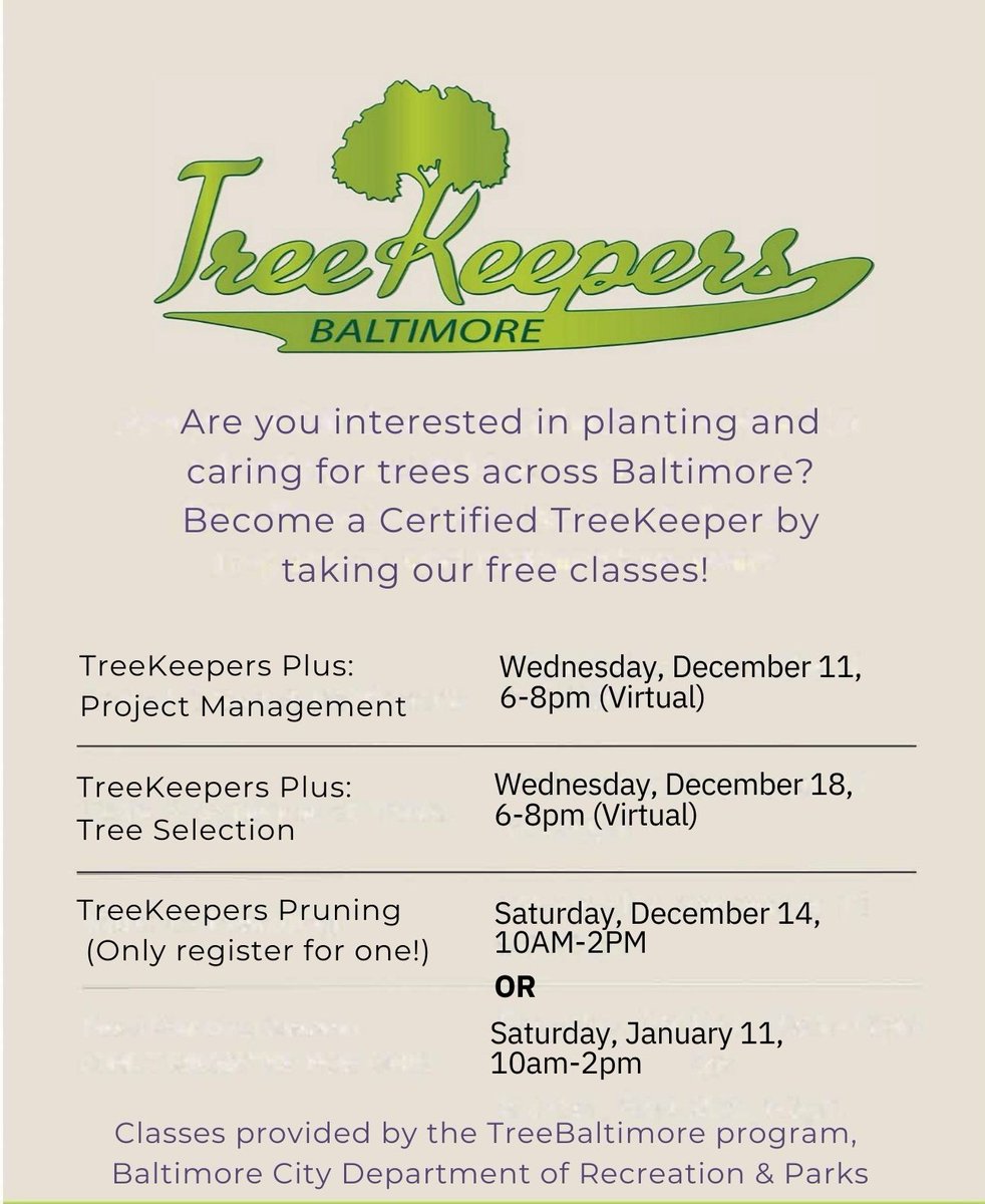 SustainBmore's tweet photo. 🌳 Become a #TreeKeeper with @TreeBaltimore & @RecnParks! Learn how to plant & care for trees.
📚 Upcoming Classes:
1. Pruning: Dec 14 OR Jan 11 (In-person, pick 1)
2. Project Management: Dec 11 (Virtual)
3. Tree Selection: Dec 18 (Virtual)
👉 Register: https://t.co/yeA0U3oEUk https://t.co/XYQbOFVgCg
