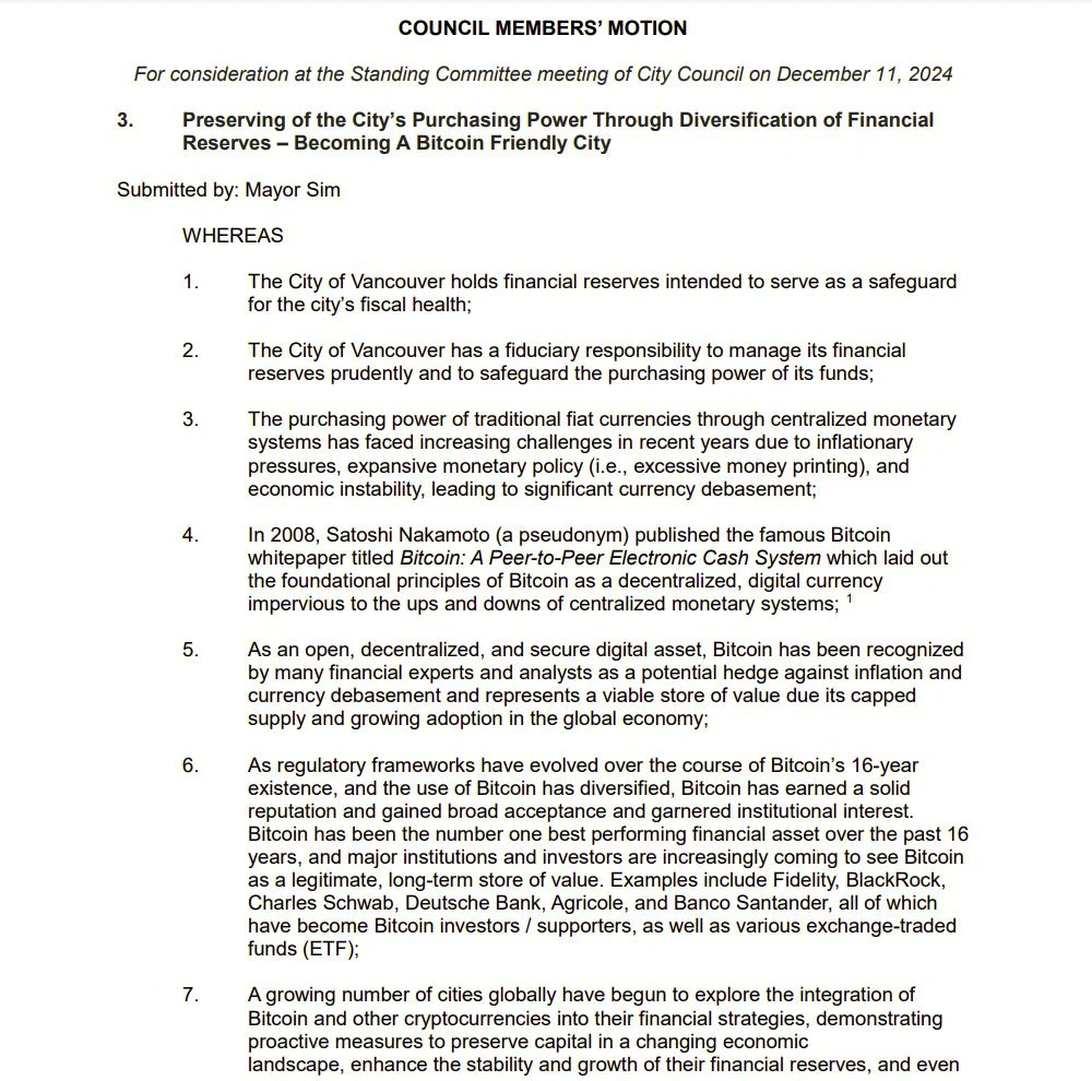 JUST IN: Here is the #Bitcoin motion that the Vancouver City Council will be considering today:

"Preserving of the City's Purchasing Power Through Diversification of Financial Reserves - Becoming A Bitcoin Friendly City" 🇨🇦