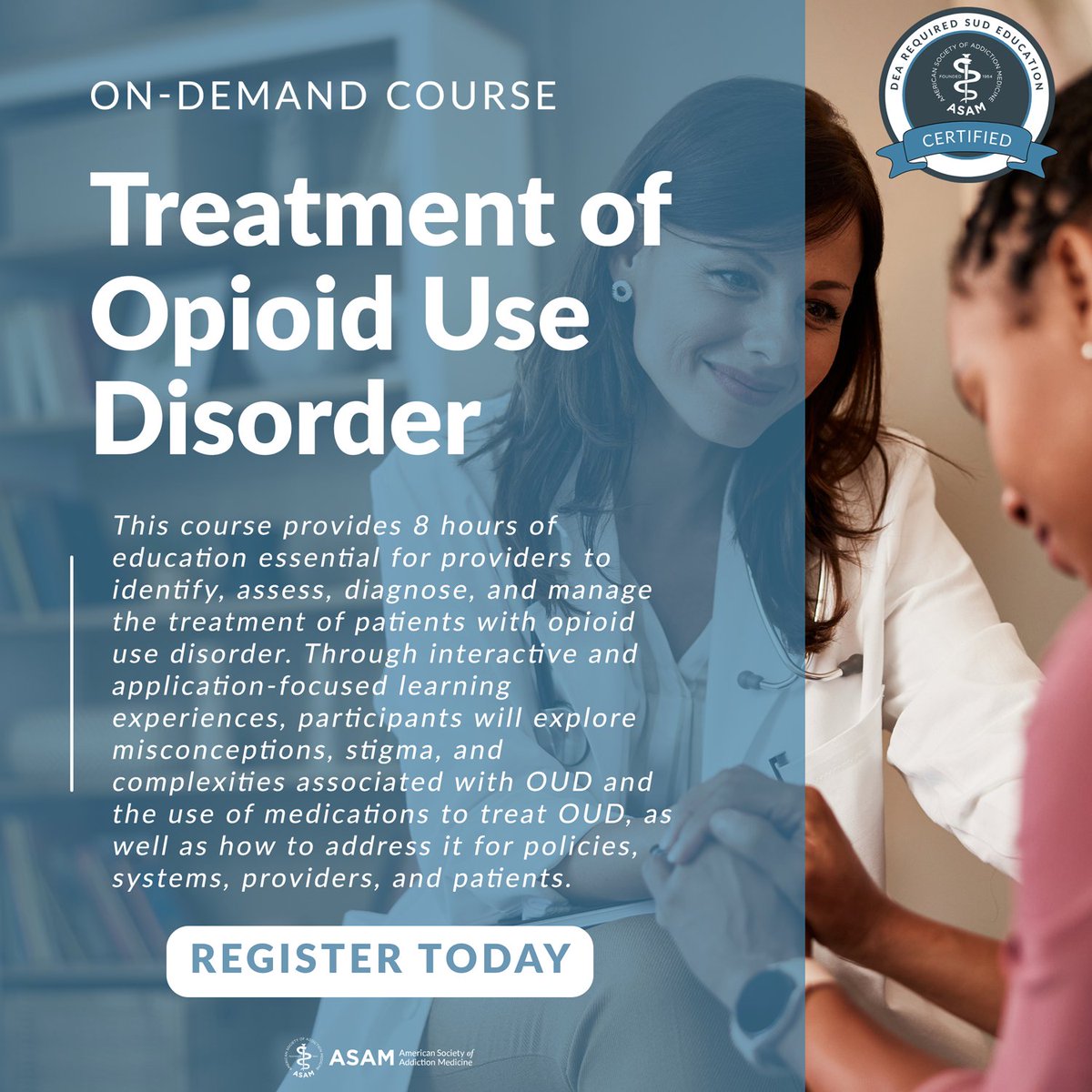 ASAMorg's tweet image. Learn more about this course that meets DEA SUD education requirements &amp;gt;&amp;gt; ow.ly/zFeH50UoN2z

#ASAM #TOUD #OpioidUseDisorder #AddictionMedicine #AddictionTreatment