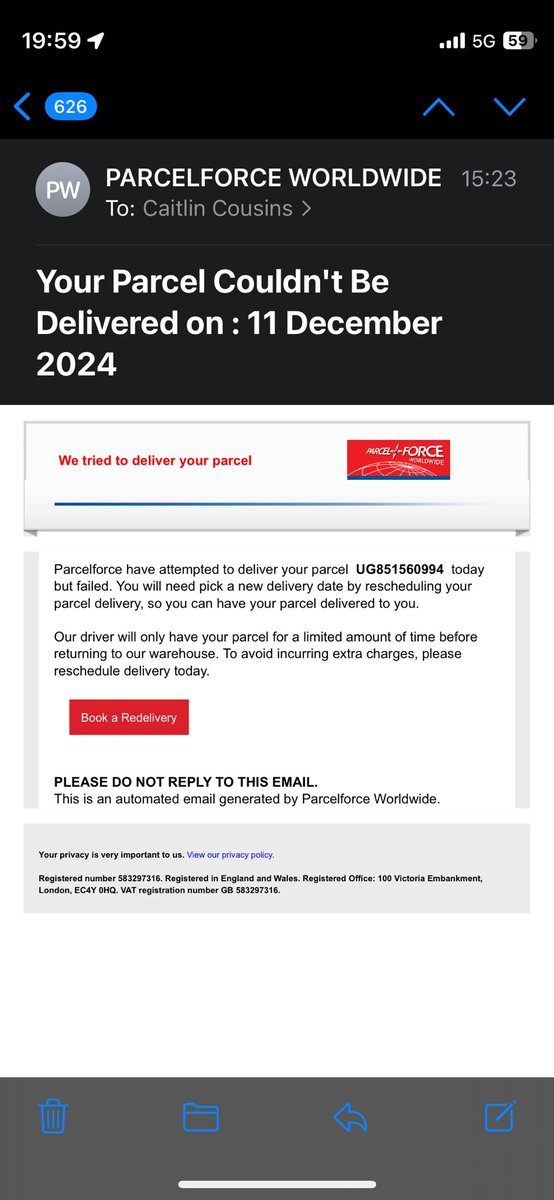 Hi <a href="/parcelforce/">Parcelforce Worldwide</a> I’ve received an email from someone claiming to be yourselves about arranging a redelivery. Is this yourselves that have sent this or is it some sort of scam? Thanks.