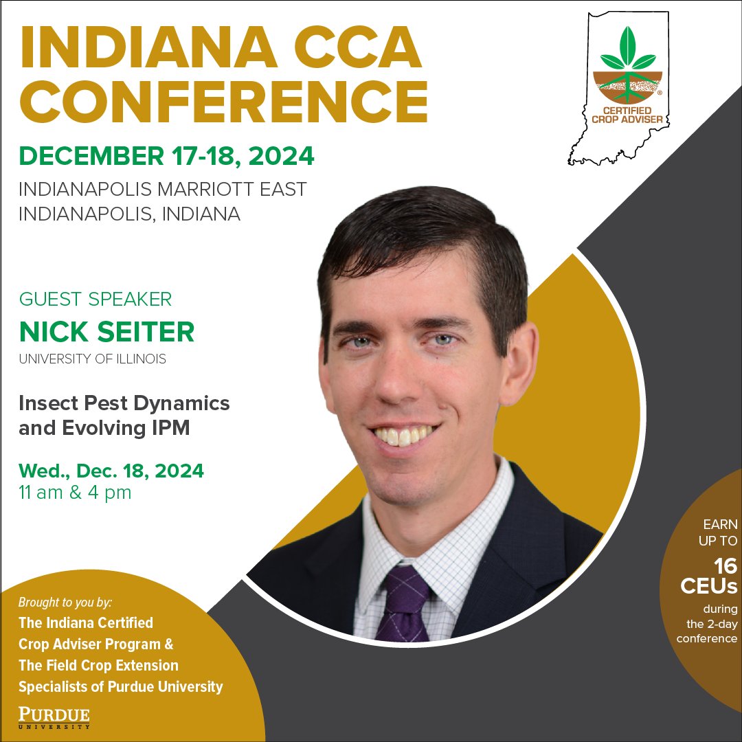 IndianaCCA's tweet image. Hear from Nick Seiter's "Insect Pest Dynamics and Evolving IPM" at the 2024 Indiana CCA Conference. For more information about Nick’s presentation and the full conference program, please visit: indianacca.org/Program #InCCA2024 #IndianaCCA #CertifiedCropAdvisers