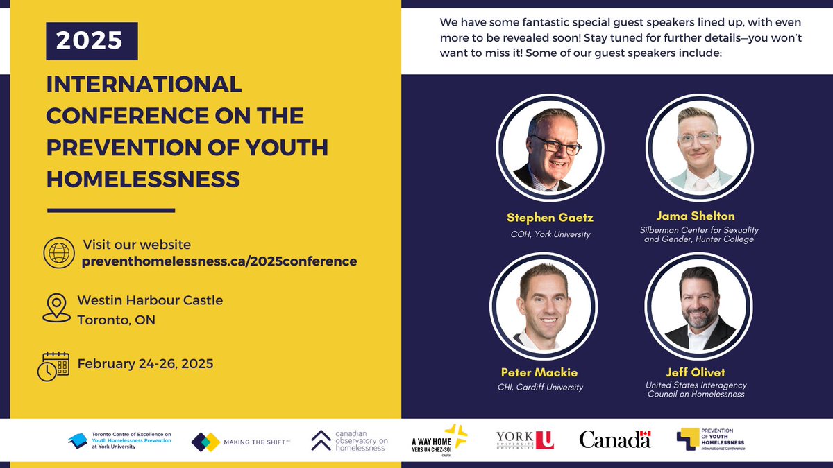 We have some fantastic special guest speakers lined up, with even more to be revealed soon! Stay tuned for further details—you won’t want to miss it! 

Some of our guest speakers include: 
➡️ <a href="/SteveGaetz/">Stephen Gaetz</a>
➡️ Jama Shelton
➡️ @PKMackie
➡️ <a href="/jeffolivet/">Jeff Olivet</a>