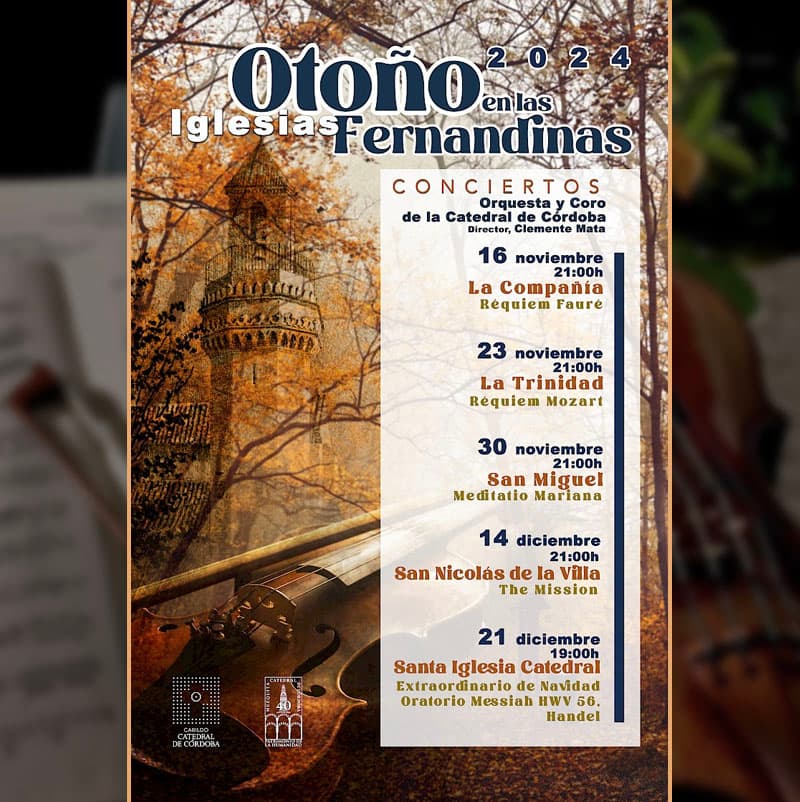 Sábado 14 de diciembre – 21:00 h.
IGLESIA DE SAN NICOLÁS DE LA VILLA. Plaza de San Nicolás.
Entrada libre hasta completar aforo.
THE MISSION
ORQUESTA Y CORO DE LA CATEDRAL DE CÓRDOBA.
Director: Clemente Mata.
teleagenda.cordoba.es/otono-en-las-i…
