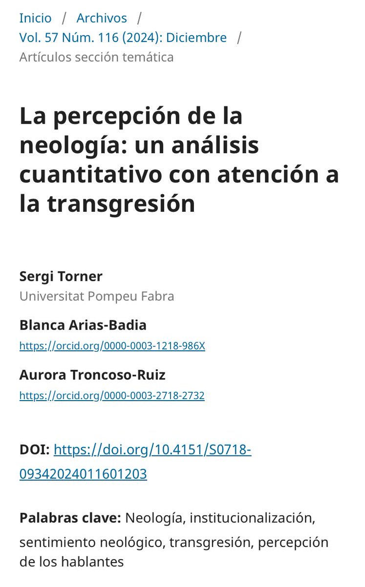 Blanca Arias-Badia (@b_ariasbadia) on Twitter photo 📄Nueva publicación en acceso abierto, en <a href="/Revista_Signos/">Revista Signos. Estudios de Lingüística.</a>: “La percepción de la neología: un análisis cuantitativo con atención a la transgresión”. Muy contenta de la colaboración con S. Torner, <a href="/MAuroraTR/">Aurora Troncoso-Ruiz</a> y el equipo de Neómetro y Lexical. revistasignos.cl/index.php/sign… 📄Nueva publicación en acceso abierto, en <a href="/Revista_Signos/">Revista Signos. Estudios de Lingüística.</a>: “La percepción de la neología: un análisis cuantitativo con atención a la transgresión”. Muy contenta de la colaboración con S. Torner, <a href="/MAuroraTR/">Aurora Troncoso-Ruiz</a> y el equipo de Neómetro y Lexical. revistasignos.cl/index.php/sign…