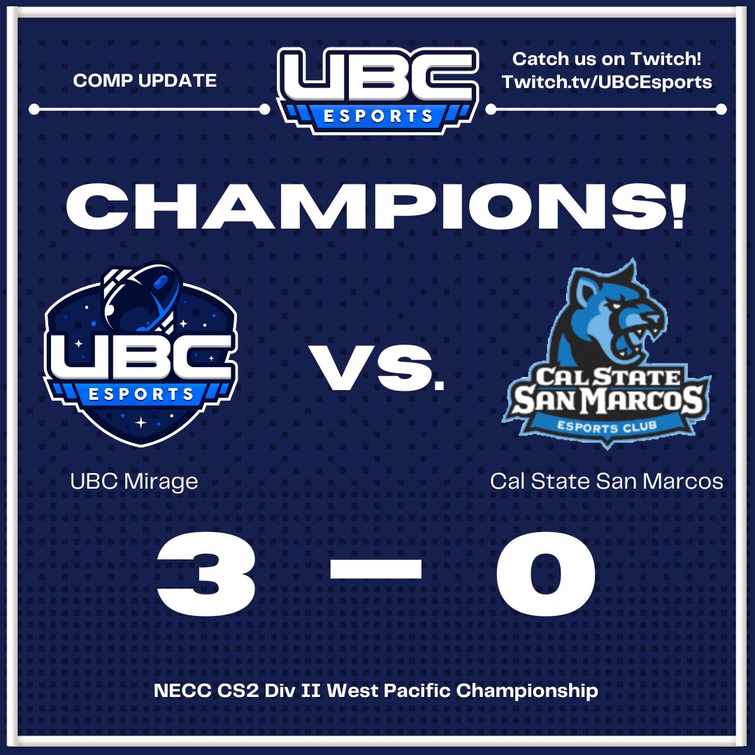 ubcesports's tweet photo. We are Champions!!!! Congratulations to UBC Mirage for their sweep in the CS2 Division 2 West Pacific Championship!
You guys are amazing!! Let's go!!!
#ubcea #ubcesports #necc #cs2 #ubcwin https://t.co/PW14G9KN5o