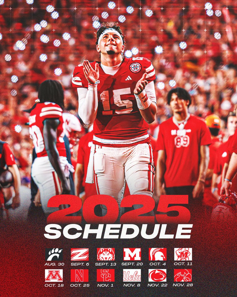 Nebraska football's 2025 schedule has been released.

Red denotes home, white denotes away, grey denotes neutral site.

#Huskers #GBR #InsideNebraska