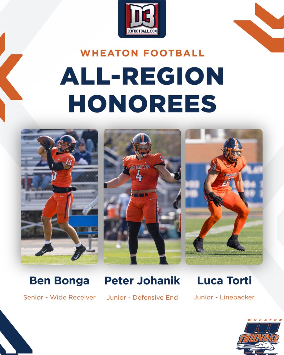 Wheaton_Thunder's tweet photo. Picking up postseason honors after some impressive performances.

The https://t.co/TAO8GDjXzD All-Region teams have been announced for the 2024 season, and seven @WheatonFB players have earned recognition for their play this fall.

Congratulations to Ben, Peter, and Luca (First Team), Gio and Max (Second Team), and Mark and Aidan (Third Team)!
#LetsRoll