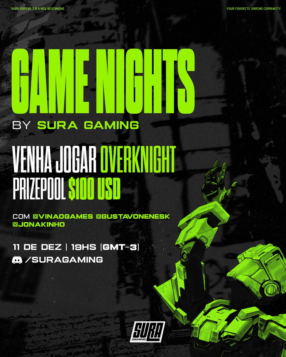 suragamingbr's tweet image. Atenção, jogadores! A premiação do #GameNights subiu para 200 USDT!🚨😱

Hoje, dia 11/12, prepare-se para uma noite épica em Overknight! ⚡ 

Não perca a chance de competir por um prêmio incrível e mostrar suas habilidades. 🏆
🕒19h (GMT-3)

Jogue com @VinaoGames , @GustavoNenesk