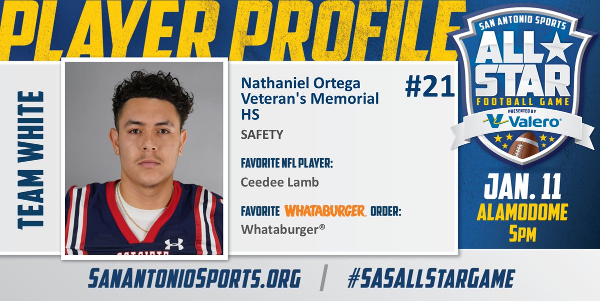 San Antonio Sports (@sa_sports) on Twitter photo Meet <a href="/Nate0cinco/">Nathaniel Ortega</a> from <a href="/SAVeteransHS/">Veterans Memorial High School</a> who will compete in the San Antonio Sports All-Star Football Game pres. by <a href="/ValeroEnergy/">Valero</a> at the Alamodome on Jan. 11! #SASAllStarGame <a href="/Whataburger/">Whataburgerยฎ</a>
<a href="/_CeeDeeThree/">CeeDee Lamb</a>
<a href="/SAVeteransFBall/">Veterans Memorial Footballโข๏ธ</a>
<a href="/JISD_ATHLETICS/">Judson ISD Athletics</a>
<a href="/JISDRocketPride/">Judson High School</a> Meet <a href="/Nate0cinco/">Nathaniel Ortega</a> from <a href="/SAVeteransHS/">Veterans Memorial High School</a> who will compete in the San Antonio Sports All-Star Football Game pres. by <a href="/ValeroEnergy/">Valero</a> at the Alamodome on Jan. 11! #SASAllStarGame <a href="/Whataburger/">Whataburgerยฎ</a>
<a href="/_CeeDeeThree/">CeeDee Lamb</a>
<a href="/SAVeteransFBall/">Veterans Memorial Footballโข๏ธ</a>
<a href="/JISD_ATHLETICS/">Judson ISD Athletics</a>
<a href="/JISDRocketPride/">Judson High School</a>