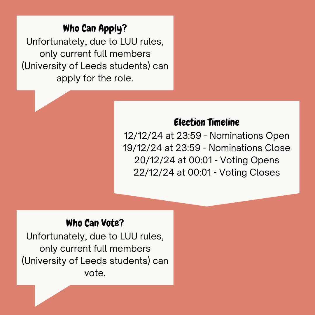 luusag1's tweet photo. In our AGM back in April, the position of Social Sec was not filled so we're holding an EGM to fill the position.

Unfortunately, only our University of Leeds members can run for this position.

If you have any questions, please get in touch! https://t.co/0vUESDjDhb