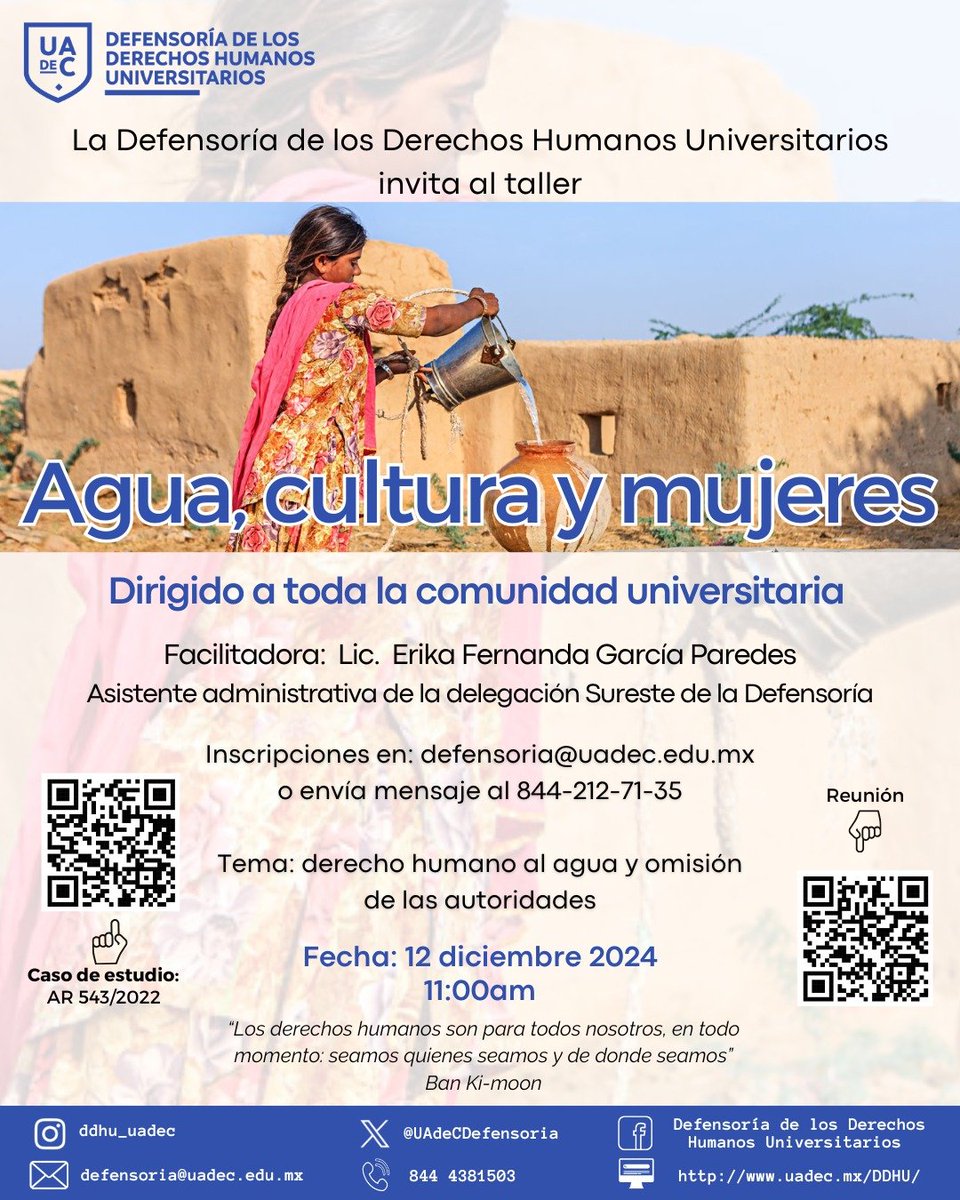 UAdeCDefensoria's tweet photo. La Defensoría te invita al taller Agua, cultura y mujeres
¡Este jueves 12 de diciembre hablaremos sobre el tema derecho humano al agua y omisión de las autoridades, no te lo pierdas!
Reunión: https://t.co/c5fIoIRWFq

#UAdeC #DefensoríaUAdeC https://t.co/SbwMMN4W7S