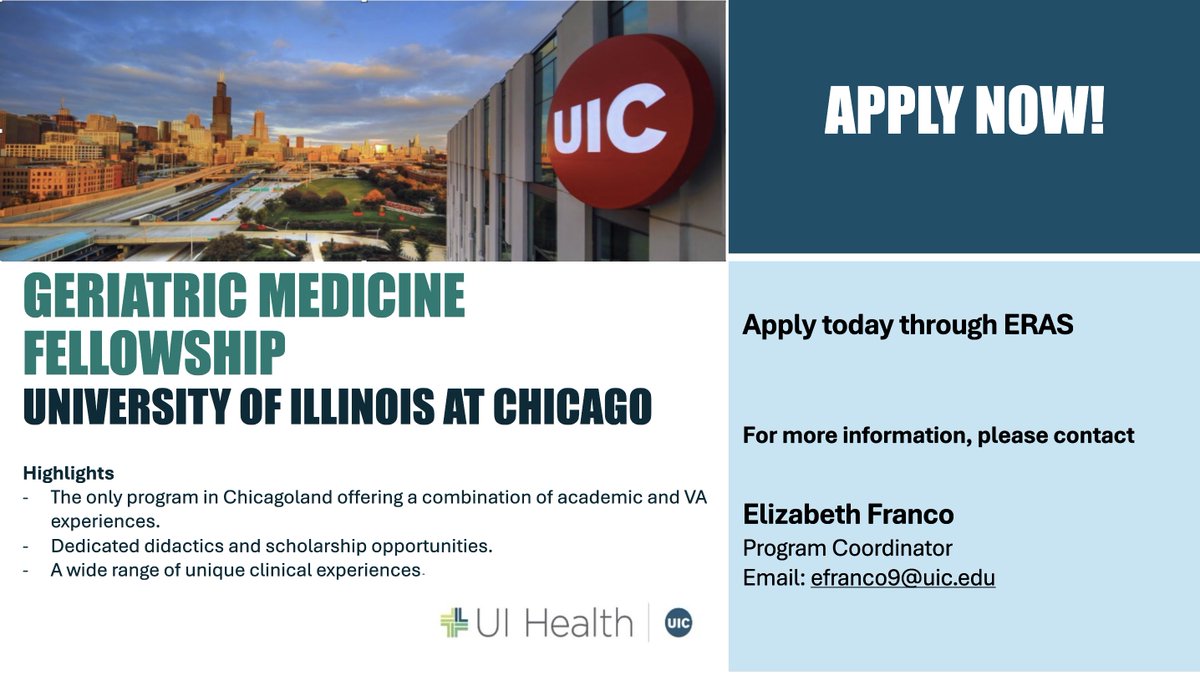 UIC GERIATRICS (@uic_geritweets) on Twitter photo Apply now! Geriatric Medicine Fellowship at UIC for season 2025-2026 #gerifellows #uihealth #AGS #fellowships Apply now! Geriatric Medicine Fellowship at UIC for season 2025-2026 #gerifellows #uihealth #AGS #fellowships