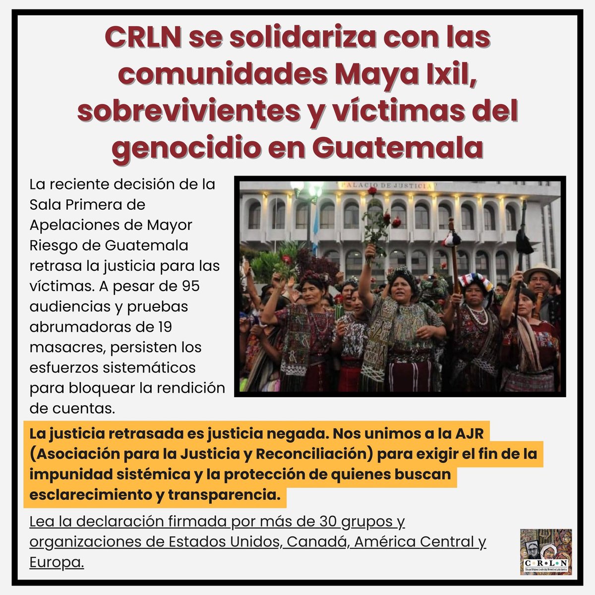 CRLN_LA's tweet photo. 📢 No Más Impunidad: Justicia para el Pueblo Maya Ixil

Nos solidarizamos con los sobrevivientes y las víctimas del genocidio Maya Ixil en Guatemala.

#IxilGenocide #SiHuboGenocido #GenocidioIxil #Guatemala https://t.co/OkMbUjnARg
