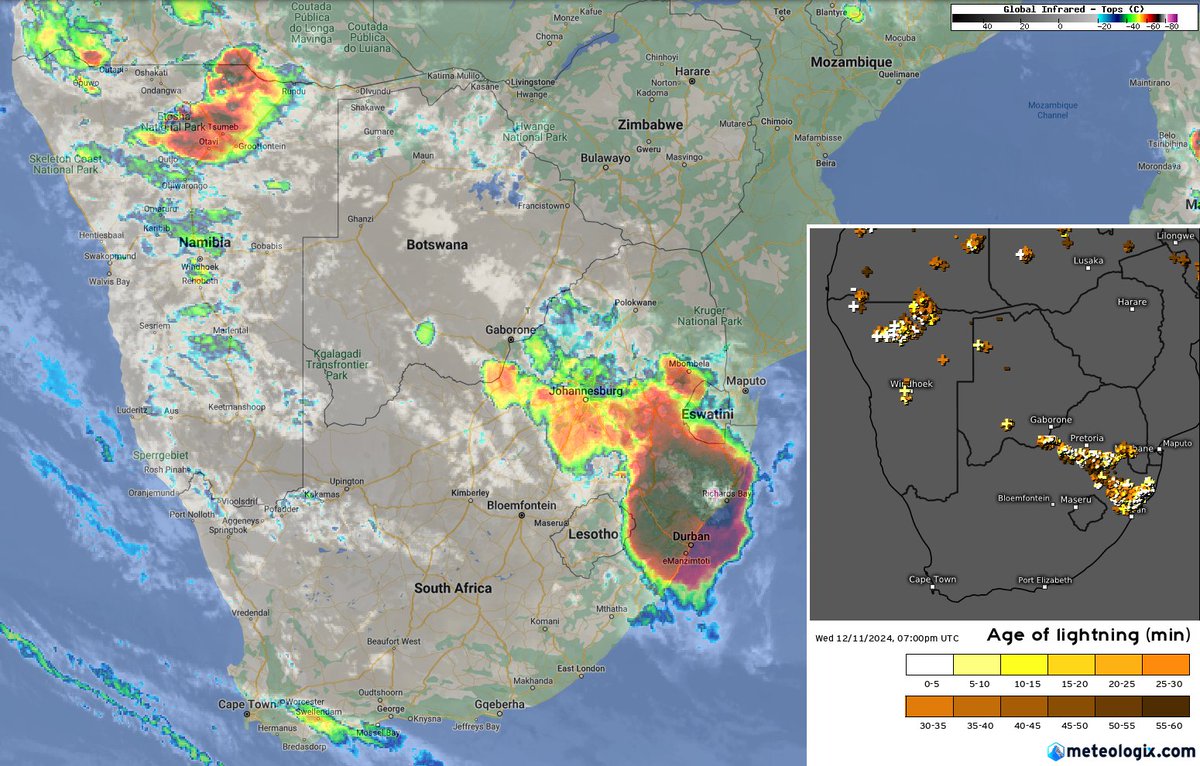 LandWaterSA's tweet photo. ⏰ 21:00 SAST (UTC+2) 🗓 11 Des/Dec 2024 • Donderstorms ⛈ Thunderstorms

Pienksel in KZN = kragtige goed // Pink Cell in KZN = powerful stuff

🛰 0° Meteosat

Weerlig • Lightning

📋 Eumetsat, SSEC, Meteologix https://t.co/wJZ54RxJ7o