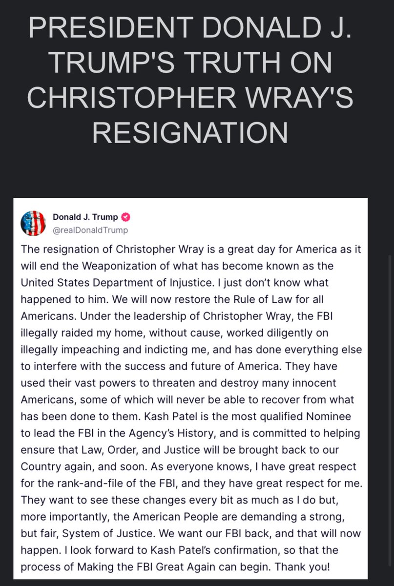 NikkiStanzione's tweet photo. Here is the statement from @realDonaldTrump on the #wrayresignation #buhbye #christopherwrayresigns #winning #maga https://t.co/3cE2L4LlSy