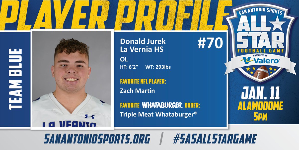 San Antonio Sports (@sa_sports) on Twitter photo Meet <a href="/DonaldJurek_70/">DonaldJurek_70</a> from <a href="/high_vernia/">La Vernia High School</a> who will compete in the San Antonio Sports All-Star Football Game pres. by <a href="/ValeroEnergy/">Valero</a> at the Alamodome on Jan. 11! #SASAllStarGame <a href="/Whataburger/">Whataburger®</a>
<a href="/thegob70/">Zack Martin</a>
<a href="/LaVerniaISD/">La Vernia ISD</a>
<a href="/LaVerniaNews/">La Vernia News</a>
<a href="/LaVerniaFB/">La Vernia Football</a> Meet <a href="/DonaldJurek_70/">DonaldJurek_70</a> from <a href="/high_vernia/">La Vernia High School</a> who will compete in the San Antonio Sports All-Star Football Game pres. by <a href="/ValeroEnergy/">Valero</a> at the Alamodome on Jan. 11! #SASAllStarGame <a href="/Whataburger/">Whataburger®</a>
<a href="/thegob70/">Zack Martin</a>
<a href="/LaVerniaISD/">La Vernia ISD</a>
<a href="/LaVerniaNews/">La Vernia News</a>
<a href="/LaVerniaFB/">La Vernia Football</a>