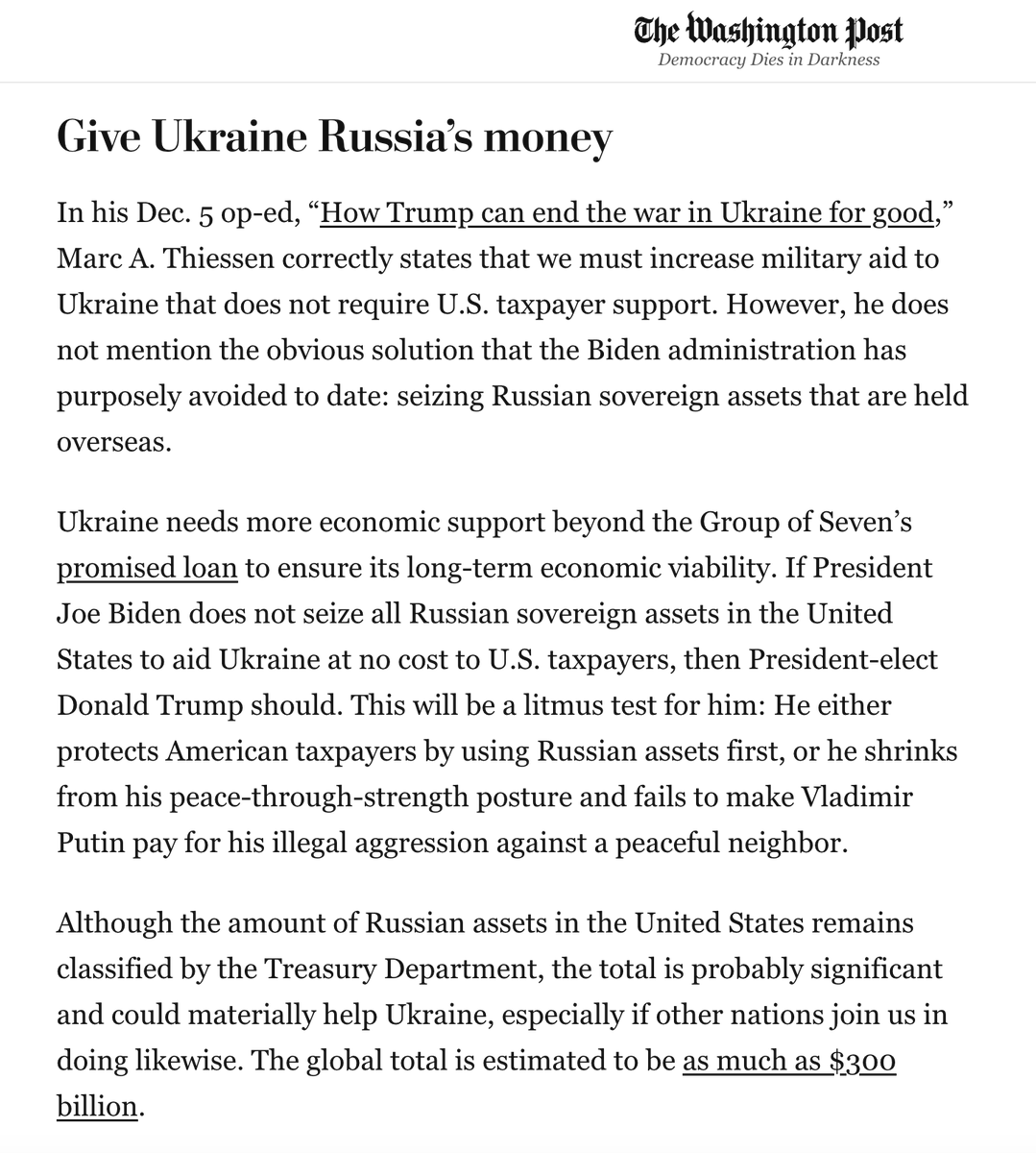 razomforukraine's tweet photo. "If the United States and its allies want to send a strong message to dictators that naked aggression does not pay, then the consequences must be clear and certain. All peace-loving nations should seize these Russian assets immediately to help Ukraine," writes Greg Wilson. https://t.co/Nzk1mzhbvO