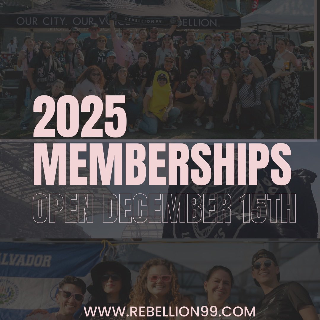 NWSL_LA's tweet photo. Attention #Our99 &amp; #ACFC Fans!
We’re thrilled to announce that membership sign-ups for the 2025 season will open on December 15th!

🎉 This year’s membership includes an EXCLUSIVE membership-only scarf!
 
If you have any questions, reply here or email membership@rebellion99.com https://t.co/cJsI7xFnV0