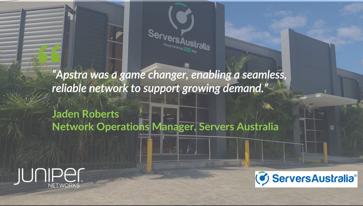 Juniper Networks ANZ (@juniper_anz) on Twitter photo With Juniper Apstra’s intent-based networking, <a href="/serversau/">Servers Australia</a> was able to speed up customer service delivery while maximizing operational efficiency by up to 10x. Dive into the details on how they scaled their data center network for efficient growth: juni.pr/4fgXCi7 With Juniper Apstra’s intent-based networking, <a href="/serversau/">Servers Australia</a> was able to speed up customer service delivery while maximizing operational efficiency by up to 10x. Dive into the details on how they scaled their data center network for efficient growth: juni.pr/4fgXCi7