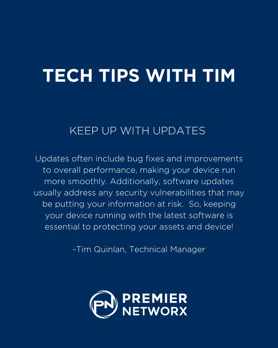 PremierNetworx's tweet image. Stay ahead of the game with tech tips from Tim! 💡 Learn why staying up-to-date with updates is crucial for your cybersecurity. #premiernetworx
