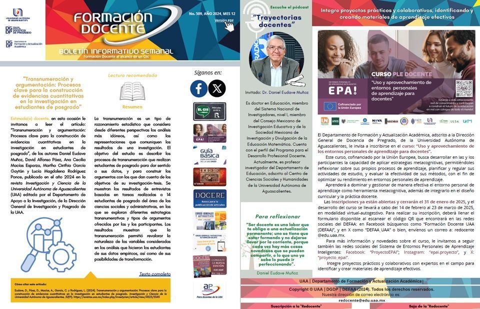 DEFAA_UAA's tweet photo. Ya está disponible el Boletín Informativo Semanal "Formación Docente" No. 509, del Departamento de Formación y Actualización Académica. Consúltelo aquí 👉https://t.co/9ZKCqSlL4Y https://t.co/dxZuLjuvkt