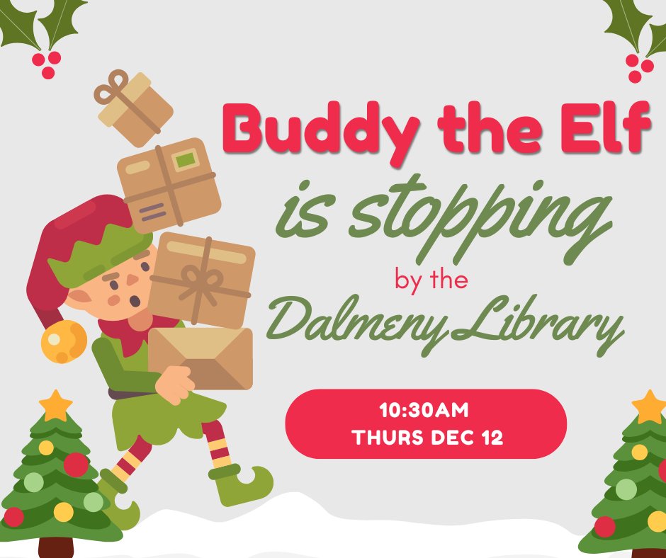 Did you hear?! Buddy the Elf is stopping by the @DalmenyLibrary tomorrow at 10:30am during storytime!!! Thanks to a grant from Sask Lotteries, it will be a special storytime tomorrow so we hope to see you and your little ones there!