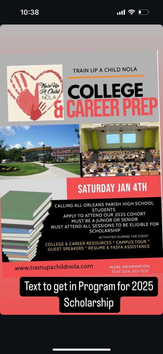 Looking for juniors and seniors for our college and career prep program! Sign up is January 4th! Text the number on the flyer for more information!