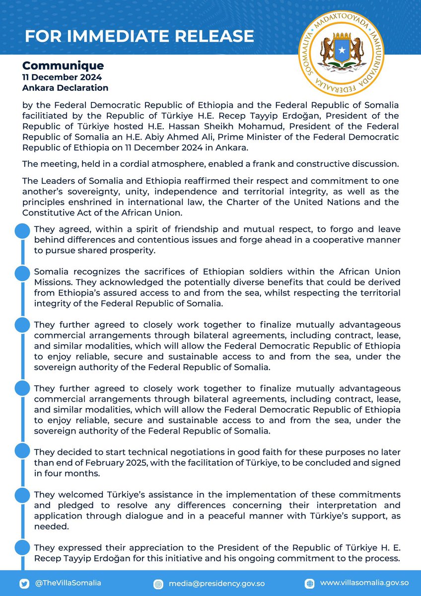 AndargachewTse2's tweet photo. I wrote the following words almost a year ago, under the title "Misinterpreted Promises and Deceptive Tactics: The Somaliland-Ethiopia MOU Fallout.”

“The complete fruition of the agreement ( meaning the MOU) is yet to be witnessed, especially in light of the recent disclosure of deception surrounding the pact.  In the aftermath, as the dust settled, what remained was a deceived and naive Somaliland president and a Prime Minister ( Abiy Ahmed) who, at least in this instance, attempted to deceive the public using a strategy of hoodwinking and obfuscation, gloating at his skill in the art of deception.”

Read the following communique from Ankara, dated 12/12/2024. The fate of that MOU is sealed. It is dead and buried. Then you would realize that my words above were not based on idle speculation but an outcome of having a complete knowledge of the deceitful nature of Abiy Ahmed. @AbiyAhmedAli @FdreService @Mustafe_M_Omer @AlainAmharic @EthioReporter @ETHZema @MOJEthiopia @BilleneSeyoum @NeaminZeleke @PMEthiopia @BBCNews @dw_amharic @RedwanHussien @danielkibret @ethioNDC @VOAAmharic @fanatelevision @walta_info @ebczena @EmishawEskedar @HOAAffairs