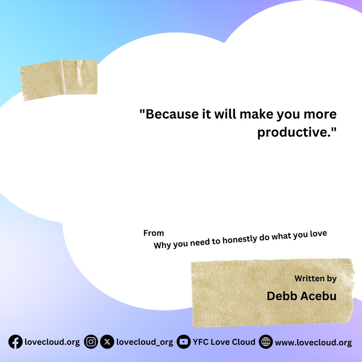 lovecloud_org's tweet photo. Passion ignites productivity; productivity fuels success. #PassionProductivity

from Why you need to honestly do what you love written by Debb Acebu

Read it here: https://t.co/aMszUGwe7E

#LoveCloud #WhereLoveReigns https://t.co/pRJzEY5XlZ