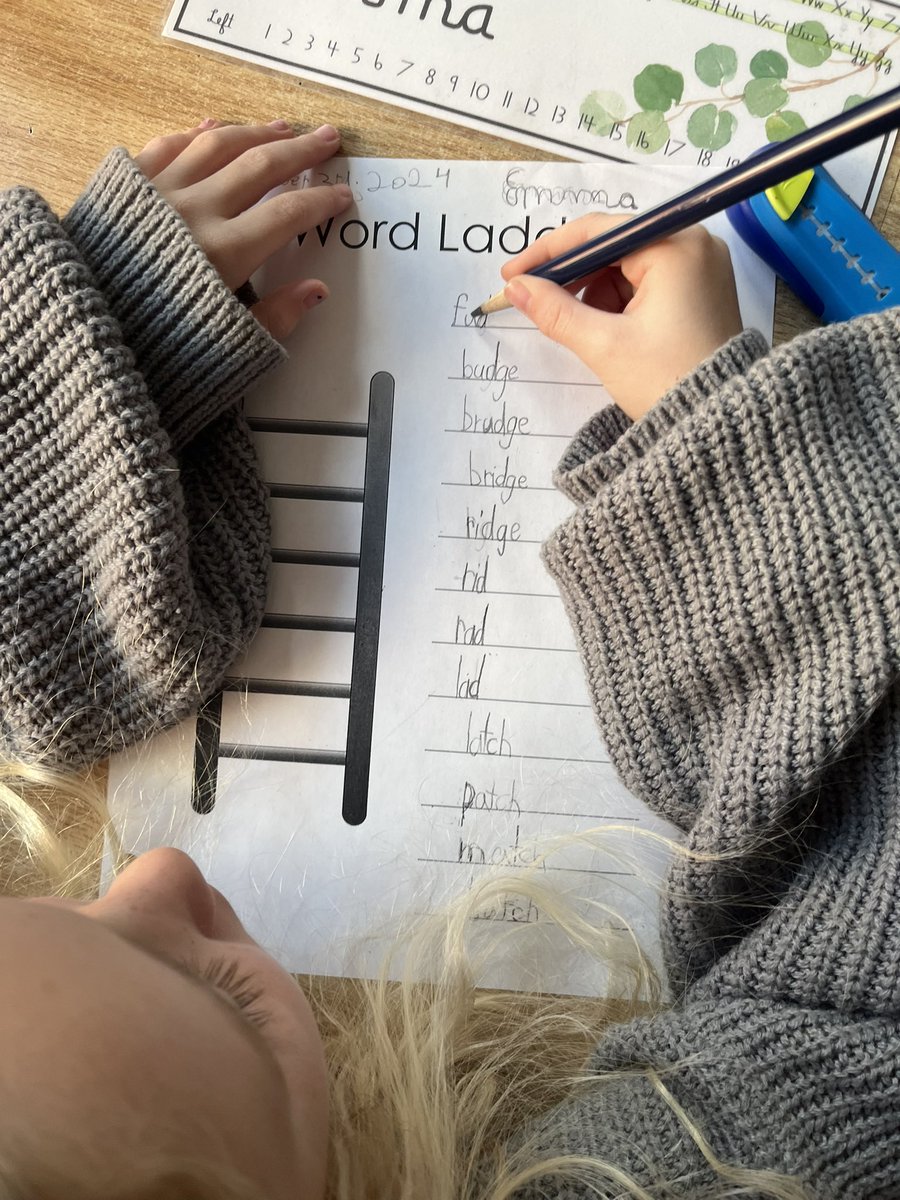 KervinAmy's tweet photo. Some days for the Word Work part of our @UFLiteracy lesson, we use a #wordladder (or #wordchain) to practice encoding words with our focus spelling pattern. This tool requires segmenting, isolating, manipulating + blending to change the word one #phoneme at a time. @LimestoneDSB https://t.co/2ENKr9oQ7q