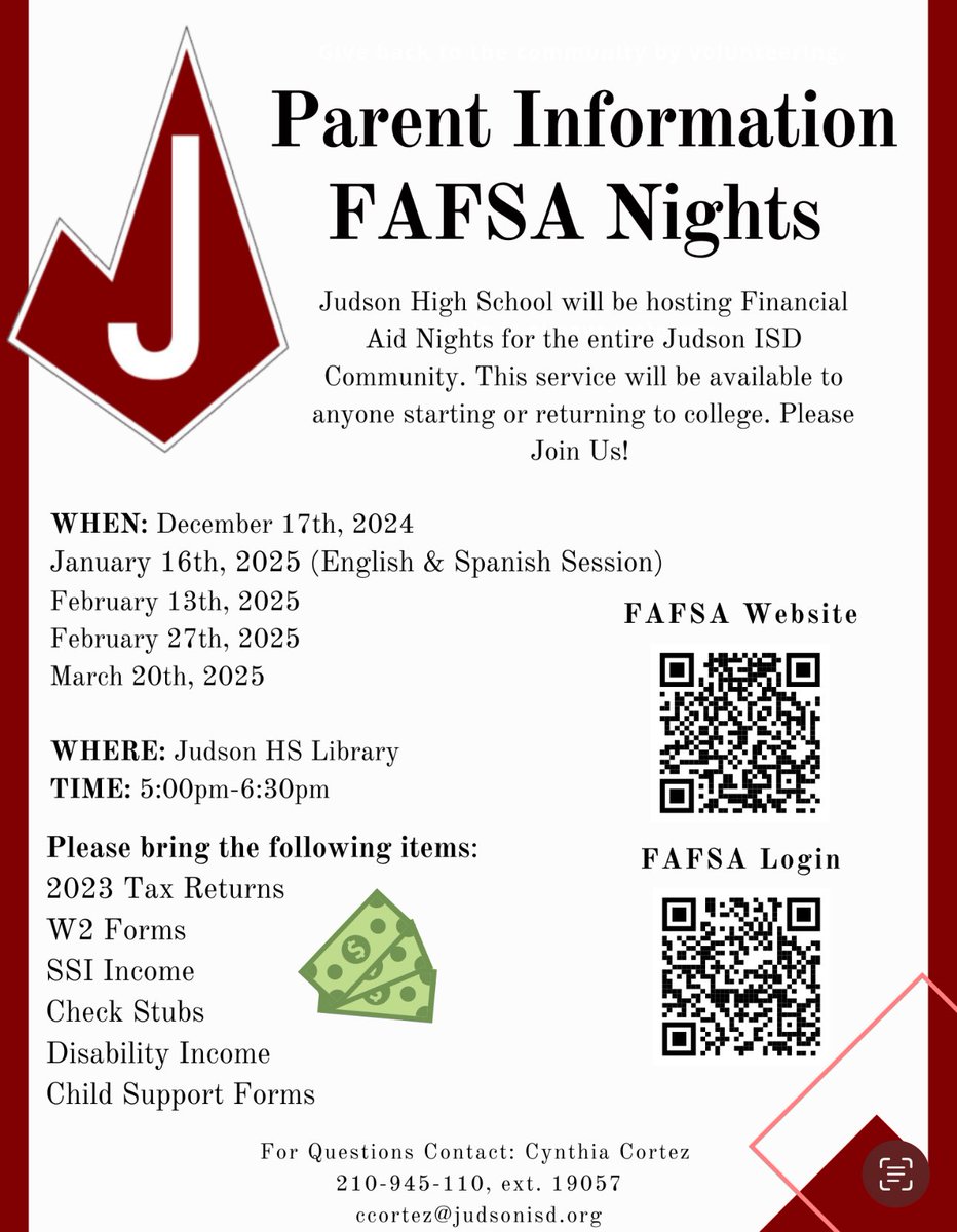Judson High School will be hosting Financial Aid Nights for the entire Judson ISD Community. This service will be available to anyone starting or returning to college. Please Join Us!