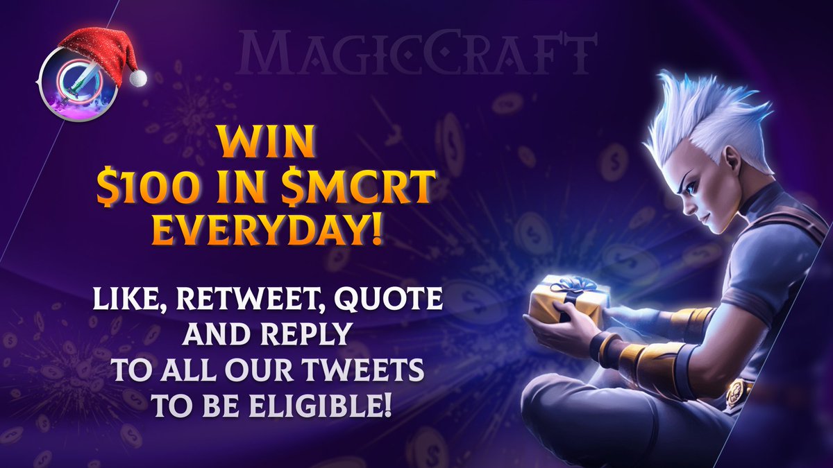 Win $100 in $MCRT EVERYDAY with MagicCraft! 🎁

Engage with our tweets to be eligible! We see you, active community members! 🗣️

Just like, retweet, quote and reply to all our tweets - and one lucky person will win $100 in $MCRT rewards every day for the next two weeks! 🤑