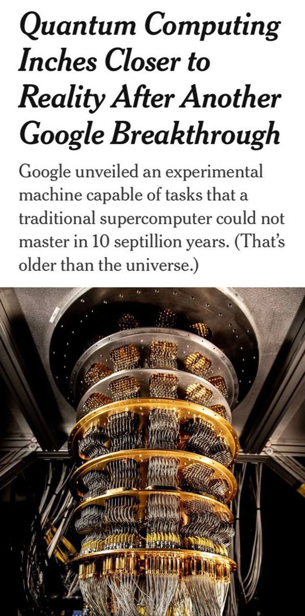 iluminatibot's tweet image. Google’s quantum computer, using a chip called Willow, completed a calculation in under five minutes that would take a top supercomputer 10 septillion years.
