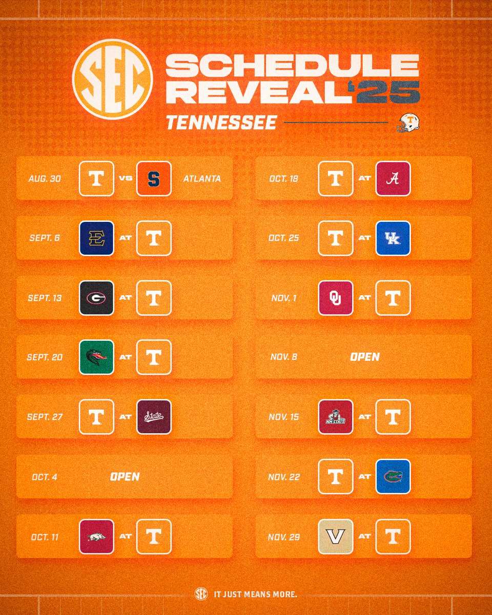 SEC's tweet photo. 🏈 #SECFB Schedule Reveal '25

🟠 @Vol_Football 

📅 https://t.co/AwZ93mw3wL https://t.co/G36TBjHCKx